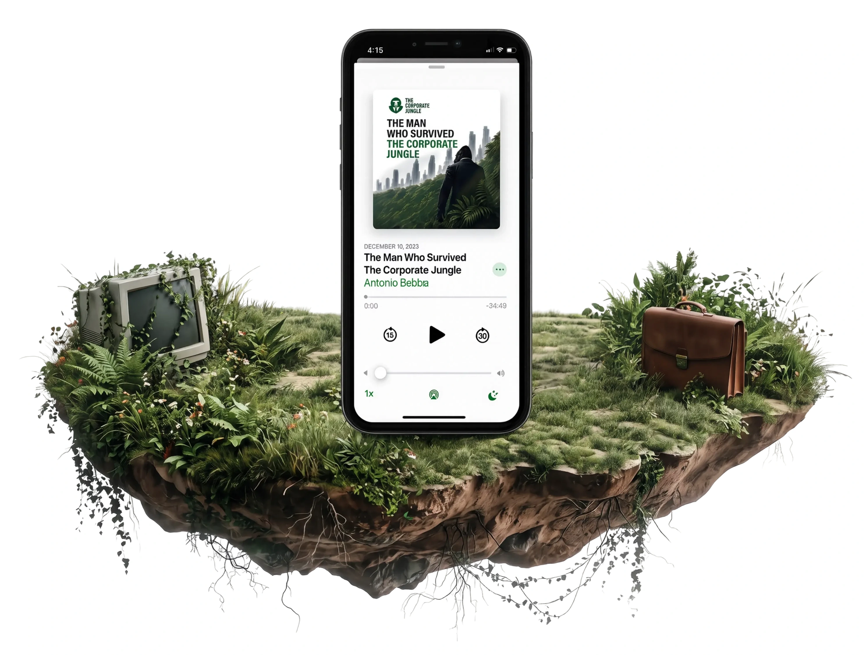 The Corporate Jungle Podcast playing on a phone, standing on a floating island of jungle beside an old television and a leather briefcase.