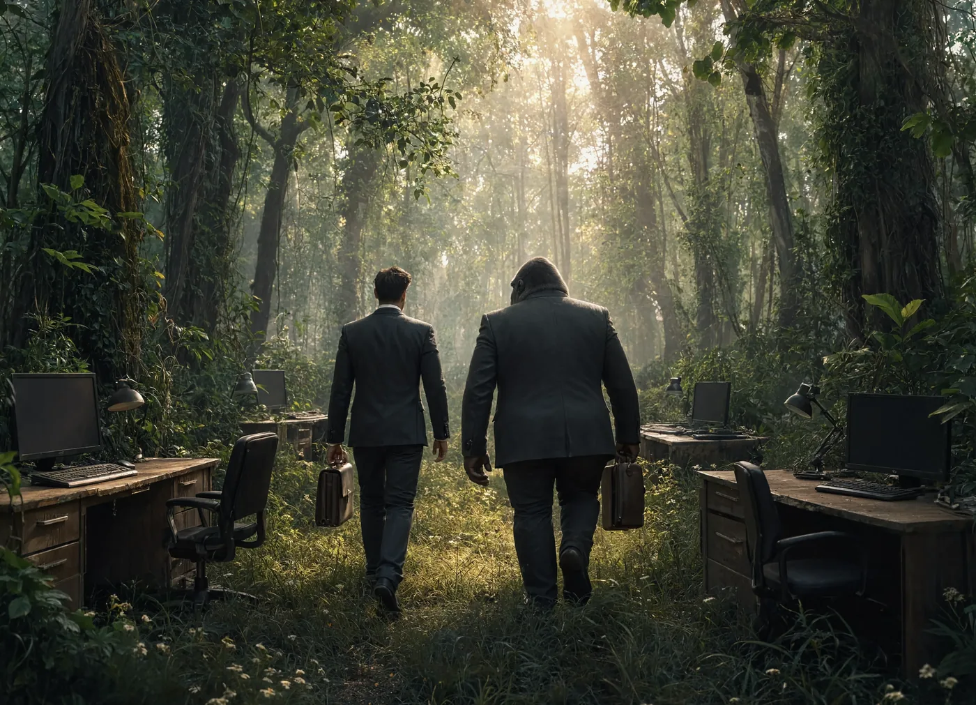 Two people in suits carrying briefcases, walking away down a path through a rainforest scattered with abandoned office desks.