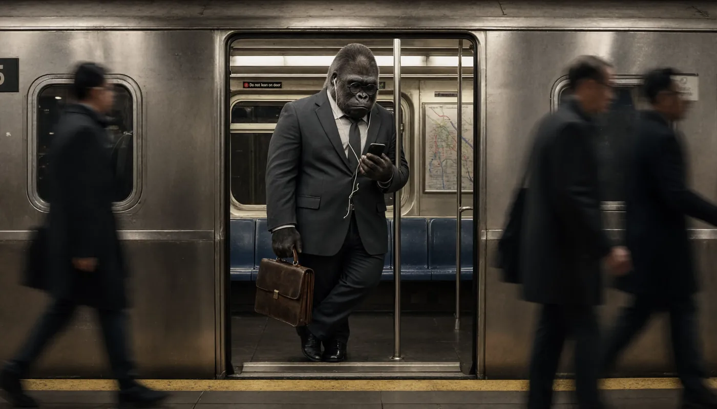 A gorilla in a suit stands in the doorway of a subway carriage looking at a phone, commuters blurring past.