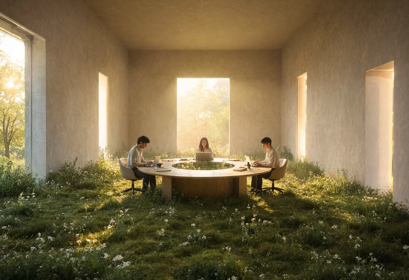 Three people working at a round table in a bare room whose floor has become a wildflower meadow.
