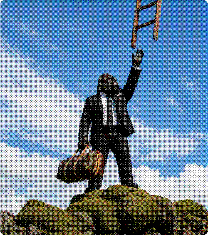 A figure in a business suit stands on a rocky outcrop, one arm stretched up towards a ladder hanging in an empty sky.