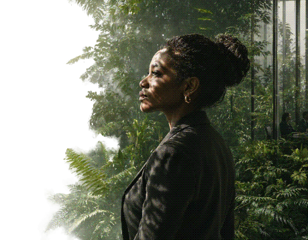 A woman in a dark jacket stands among ferns in a misted glasshouse, looking up and away from the camera.